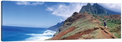 Adult hiking up a mountain, Kalalau Trail , Na Pali Coast, Kauai, Hawaiis Canvas Art Print - Kauai
