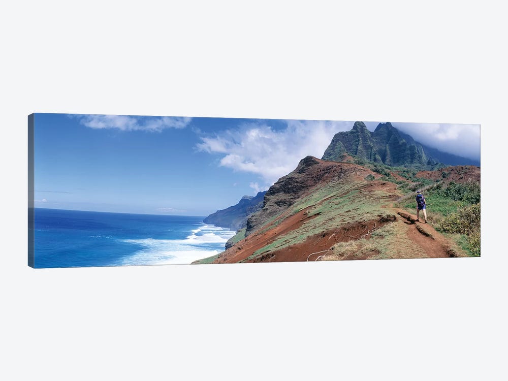 Adult hiking up a mountain, Kalalau Trail , Na Pali Coast, Kauai, Hawaiis by Panoramic Images 1-piece Canvas Art Print