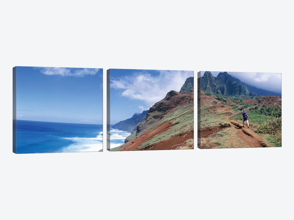 Adult hiking up a mountain, Kalalau Trail , Na Pali Coast, Kauai, Hawaiis by Panoramic Images 3-piece Canvas Print