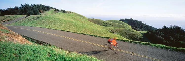 High Angle view of Man riding a bicycle, Bolinas Ridge, Marin County, California, USA