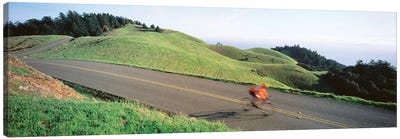 High Angle view of Man riding a bicycle, Bolinas Ridge, Marin County, California, USA Canvas Art Print - Bicycle Art