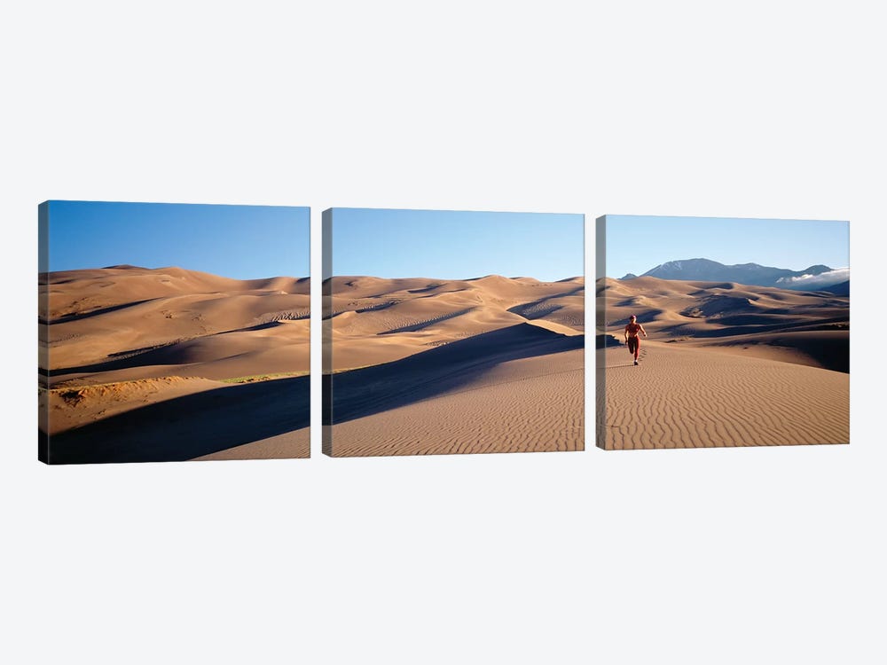 Close up of Woman running in the desert, Great Sand Dunes National Monument, Colorado, USA by Panoramic Images 3-piece Canvas Artwork