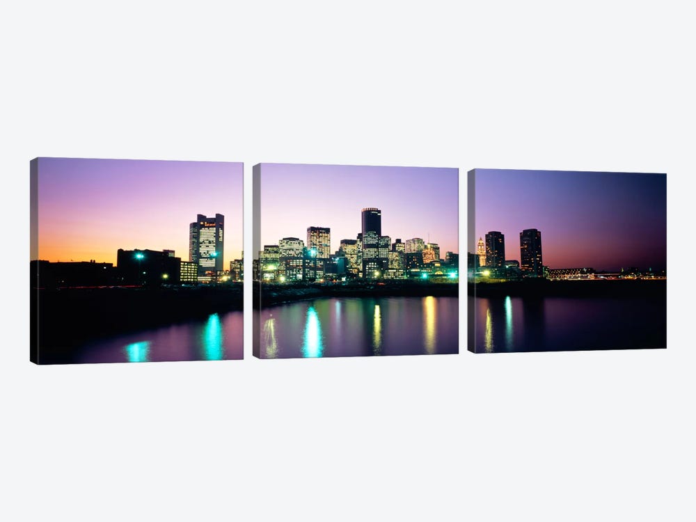 Buildings lit up at dusk, Boston, Suffolk County, Massachusetts, USA by Panoramic Images 3-piece Canvas Art