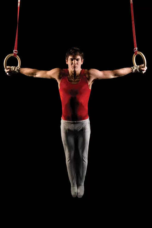 Young man exercising on gymnastic rings, Bainbridge Island, Washington State, USA