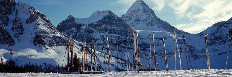 Skis and ski poles on a snow covered landscape, Mt Assiniboine, Mt Assiniboine Provincial Park, British Columbia, Canada