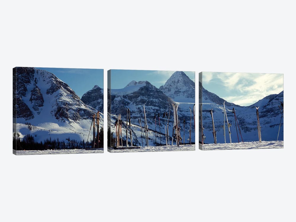 Skis and ski poles on a snow covered landscape, Mt Assiniboine, Mt Assiniboine Provincial Park, British Columbia, Canada by Panoramic Images 3-piece Canvas Artwork