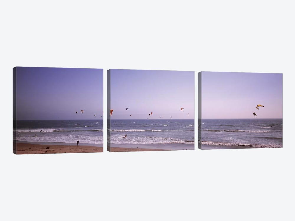 Kite surfers over the sea, Waddell Beach, Waddell Creek, Santa Cruz County, California, USA by Panoramic Images 3-piece Canvas Art