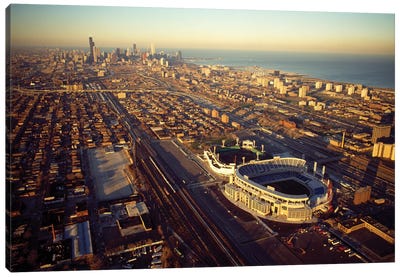 Aerial view of a city, Old Comiskey Park, New Comiskey Park, Chicago, Cook County, Illinois, USA Canvas Art Print - Baseball Art