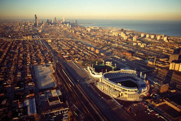 Baseball: Aerial view of a city, Old Comiskey Park, New Comiskey Park, Chicago, Cook County, Illinois, USA by Panoramic Images