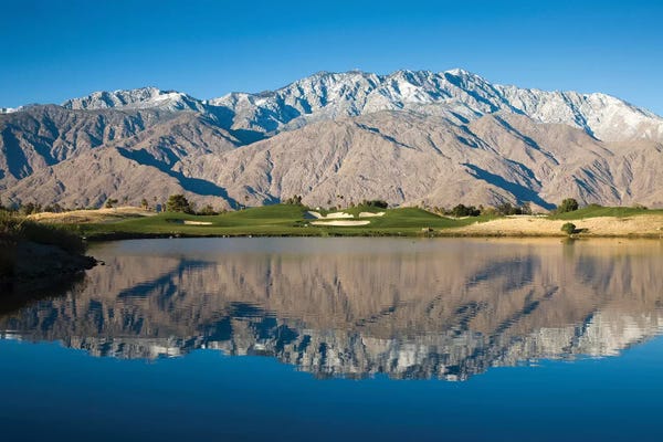 Golf: Reflection of mountains in a pond, Desert Princess Country Club, Palm Springs, Riverside County, California, USA by Panoramic Images