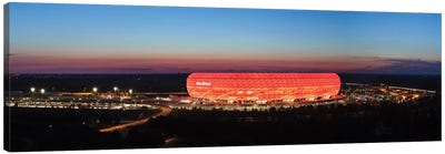 Soccer stadium lit up at dusk 2, Allianz Arena, Munich, Bavaria, Germany Canvas Art Print - Germany Art