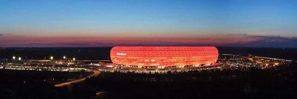Germany: Soccer stadium lit up at dusk 2, Allianz Arena, Munich, Bavaria, Germany by Panoramic Images