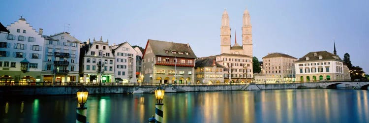 Riverfront Architecture At Twilight Featuring Grossmunster, Limmat River, Zurich, Switzerland