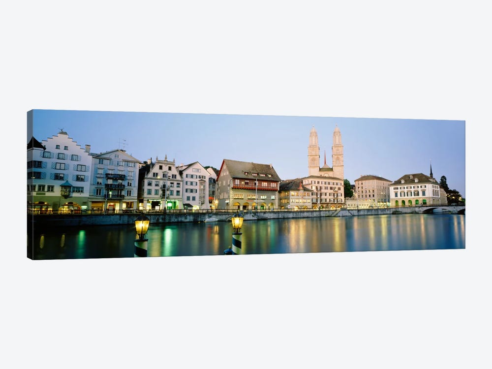 Riverfront Architecture At Twilight Featuring Grossmunster, Limmat River, Zurich, Switzerland by Panoramic Images 1-piece Canvas Wall Art