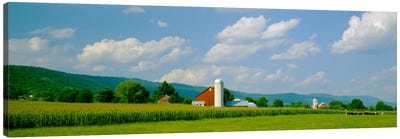 Cultivated field in front of a barn, Kishacoquillas Valley, Pennsylvania, USA Canvas Art Print - Barns