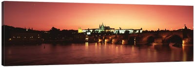 Nighttime View Of Mala Strana & Hradcany Districts With The Charles Bridge In The Foreground, Prague, Czech Republic Canvas Art Print - Castle & Palace Art