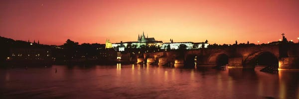 Czech Republic: Nighttime View Of Mala Strana & Hradcany Districts With The Charles Bridge In The Foreground, Prague, Czech Republic by Panoramic Images