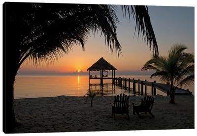 Pier With Palapa, Maya Beach, Stann Creek District, Belize Canvas Art Print - Sunrise & Sunset Art