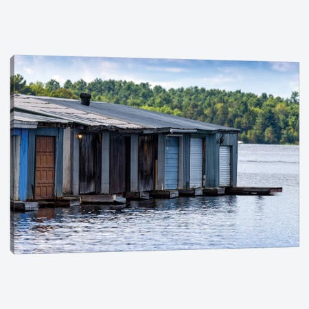 Row Of Old Boathouses, Lake Muskoka, Ontario, Canada Canvas Print #PIM13969} by Panoramic Images Art Print