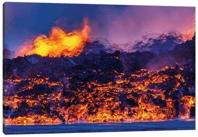 Glowing Lava Channel, Holuhraun Lava Field, Sudur-Bingeyjarsysla, Nordurland Eystra, Iceland Canvas Art Print