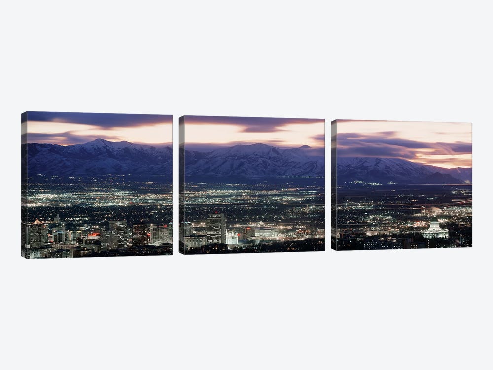Downtown Skyline at Night, Salt Lake City, Salt Lake County, Utah, USA by Panoramic Images 3-piece Canvas Wall Art