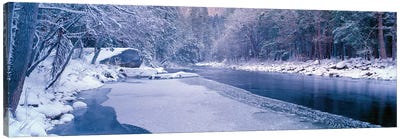 Winter Landscape, Merced River, Yosemite Valley, Mariposa County, California, USA Canvas Art Print - Snowscape Art