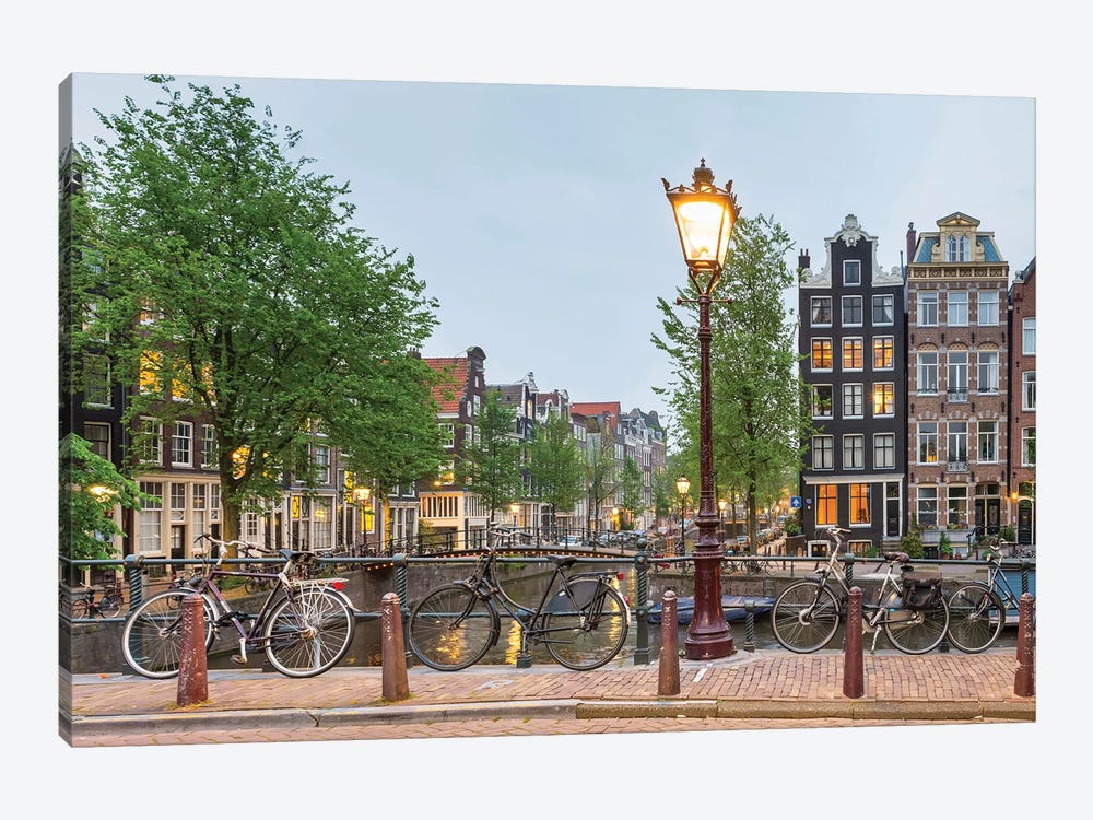 Bikes And Houses Along Canal At Dusk, Amsterdam, North Holland 1-piece Canvas Wall Art