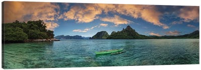 Boat In Lagoon With Mountain In The Background, El Nido, Palawan, Philippines Canvas Art Print - Panoramic Photography