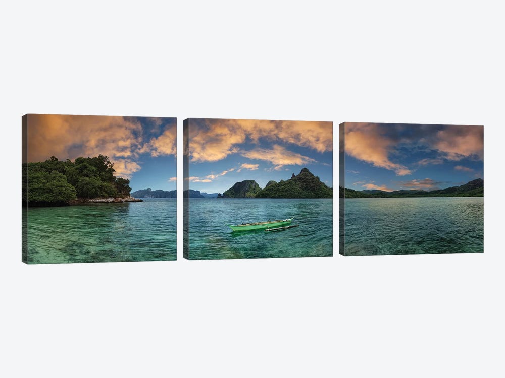 Boat In Lagoon With Mountain In The Background, El Nido, Palawan, Philippines by Panoramic Images 3-piece Canvas Art Print