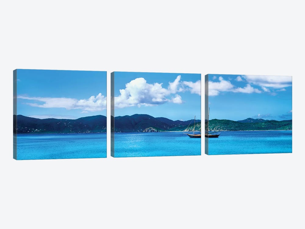 Boat In The Sea, Round Bay, East End, Saint John, U.S. Virgin Islands I by Panoramic Images 3-piece Canvas Wall Art