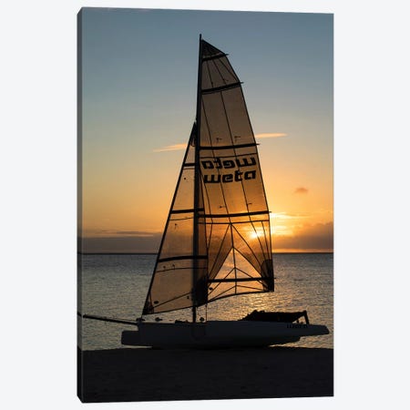 Boat On The Beach At Sunset, Bora Bora, Society Islands, French Polynesia Canvas Print #PIM14300} by Panoramic Images Canvas Artwork