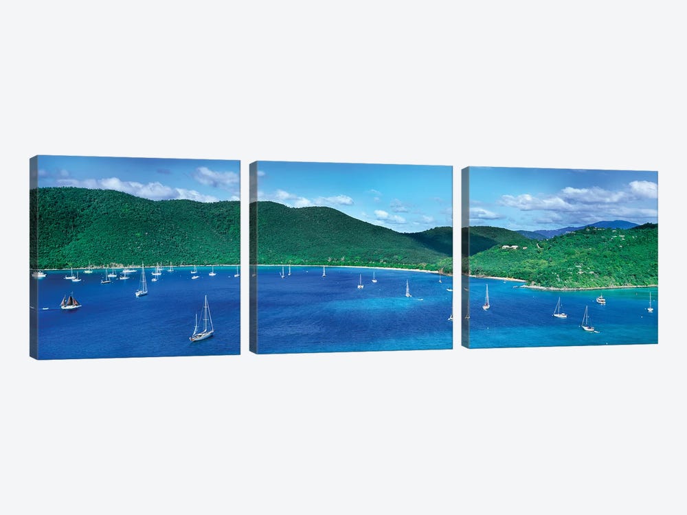 Boats In The Sea, Maho And Francis Bays, North Shore, Saint John, U.S. Virgin Islands by Panoramic Images 3-piece Canvas Artwork