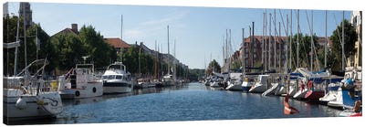 Boats Moored Along Canal, Copenhagen, Denmark Canvas Art Print - Harbor & Port Art