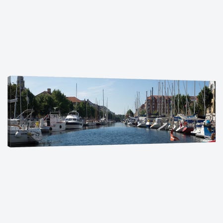 Boats Moored Along Canal, Copenhagen, Denmark Canvas Print #PIM14303} by Panoramic Images Canvas Artwork