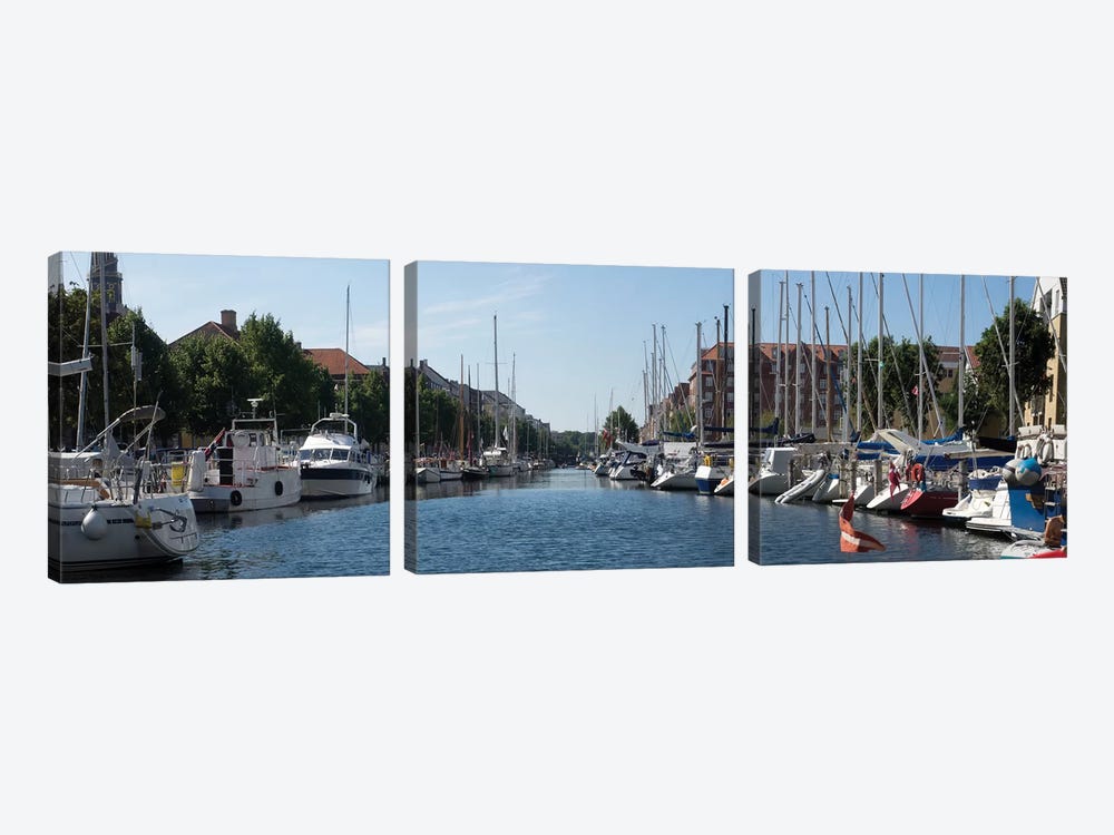 Boats Moored Along Canal, Copenhagen, Denmark by Panoramic Images 3-piece Canvas Art Print