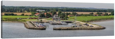 Boats Moored At Harbor With Village In The Background, Limfjord, Jutland, Denmark Canvas Art Print - Harbor & Port Art