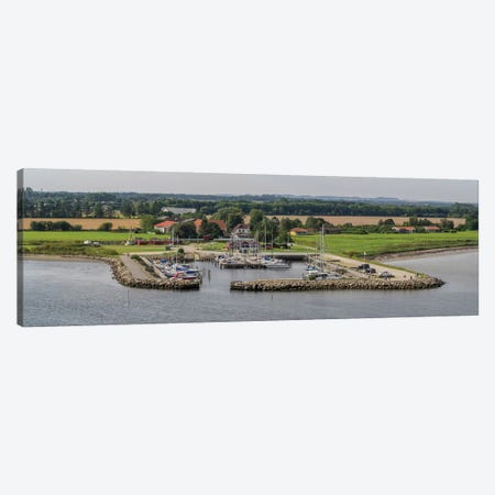 Boats Moored At Harbor With Village In The Background, Limfjord, Jutland, Denmark Canvas Print #PIM14304} by Panoramic Images Canvas Print