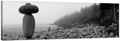 Cairn On The Rocky Beach, Acadia National Park, Maine, USA (Black And White) Canvas Art Print - Coastline Art