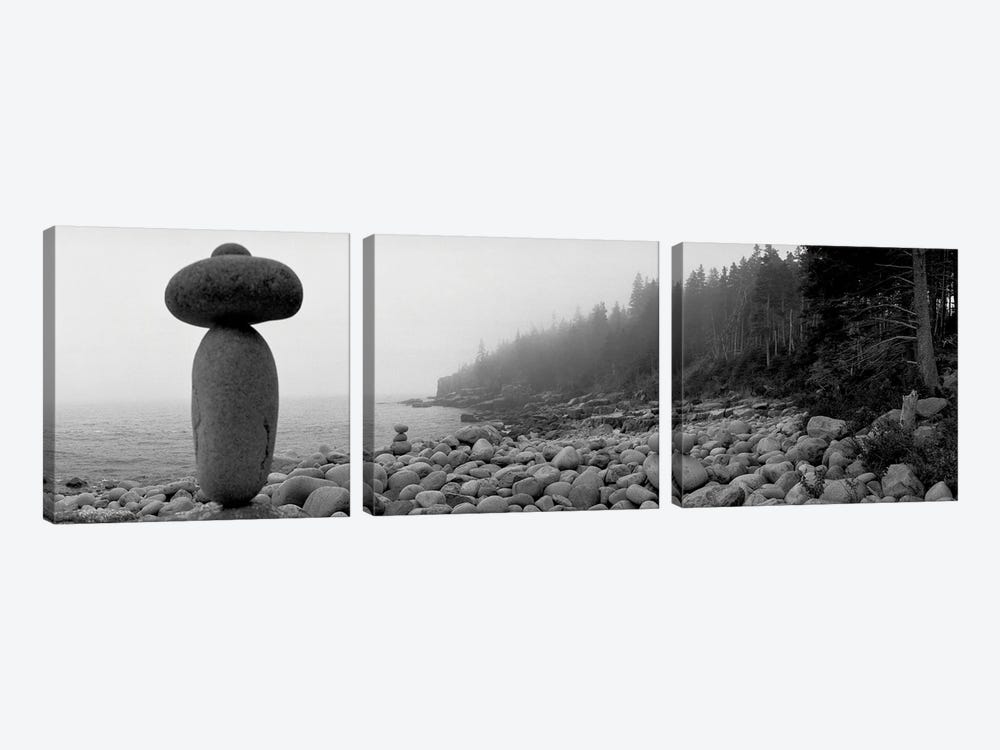 Cairn On The Rocky Beach, Acadia National Park, Maine, USA (Black And White) by Panoramic Images 3-piece Art Print