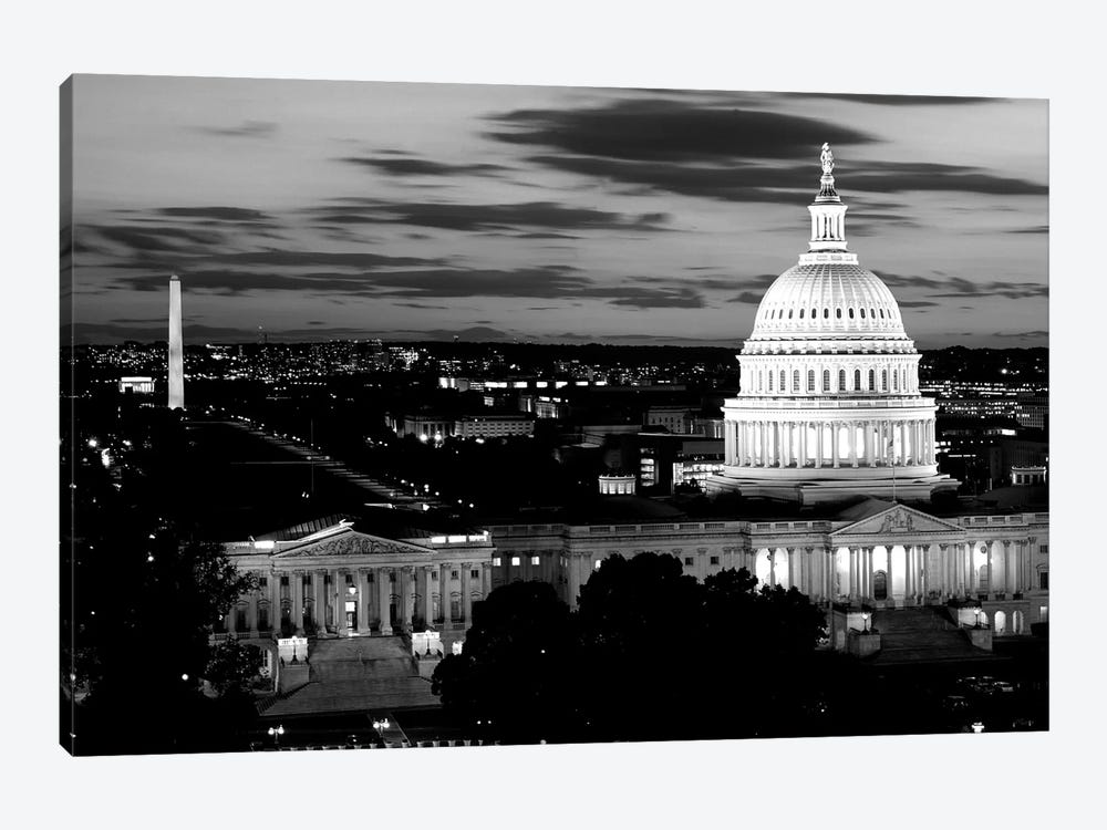 City Lit Up At Dusk, Washington D.C., USA (Black And White) by Panoramic Images 1-piece Canvas Print