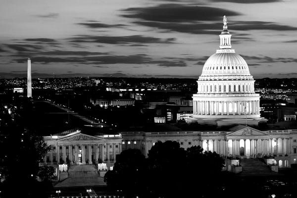 Monuments: City Lit Up At Dusk, Washington D.C., USA (Black And White) by Panoramic Images