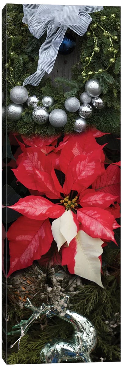 Close-Up Of Christmas Ornaments And Poinsettia Flowers Canvas Art Print - Christmas Art
