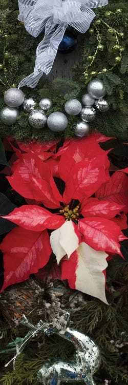 Close-Up Of Christmas Ornaments And Poinsettia Flowers