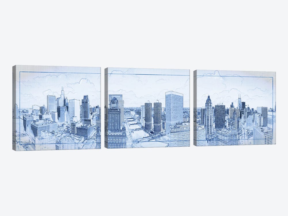 Digital Sketch Of Chicago Skyline, USA III by Panoramic Images 3-piece Canvas Art