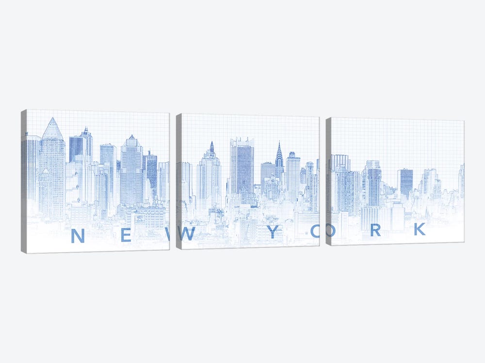 Digital Sketch Of Manhattan Skyline, NYC, USA I by Panoramic Images 3-piece Canvas Print
