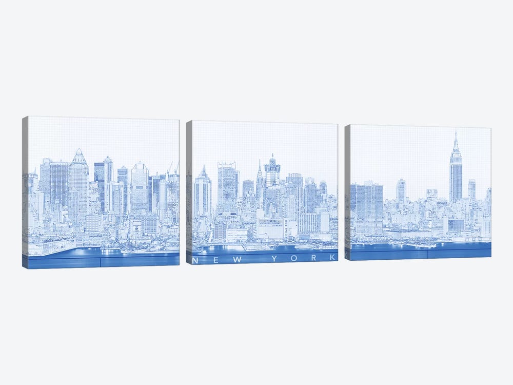 Digital Sketch Of Manhattan Skyline, NYC, USA II by Panoramic Images 3-piece Canvas Artwork