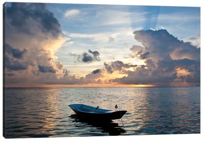Dinghy Boat In Sea At Sunset, Great Exuma Island, Bahamas Canvas Art Print - Bahamas