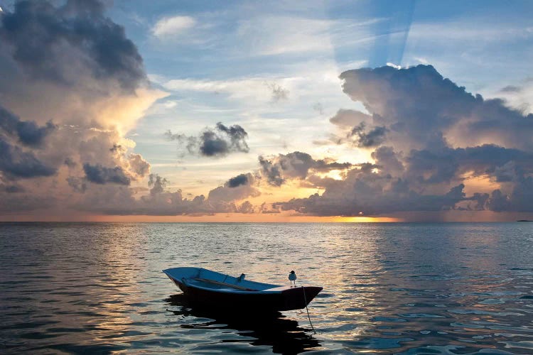 Dinghy Boat In Sea At Sunset, Great Exuma Island, Bahamas