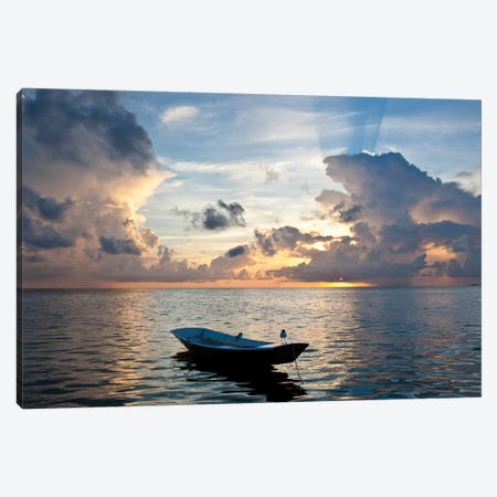 Dinghy Boat In Sea At Sunset, Great Exuma Island, Bahamas Canvas Print #PIM14618} by Panoramic Images Canvas Wall Art