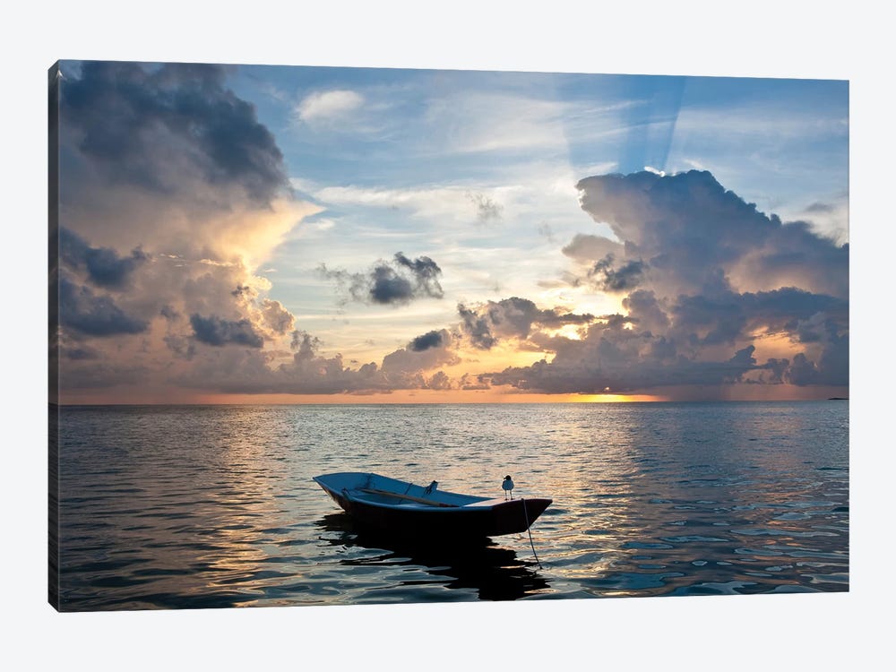 Dinghy Boat In Sea At Sunset, Great Exuma Island, Bahamas by Panoramic Images 1-piece Canvas Print